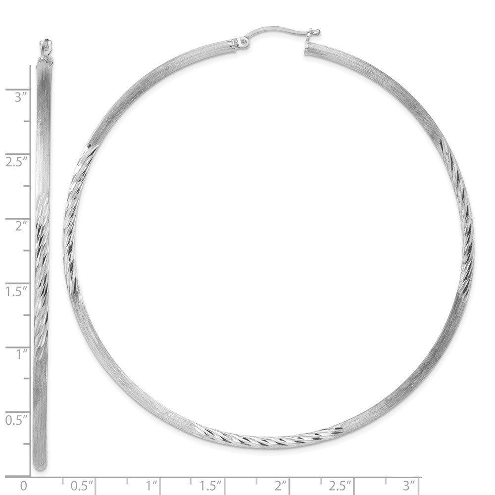 Sterling Silver Rhod-Plated 2.5mm Polished/Satin Diamond-Cut Hoop Earrings