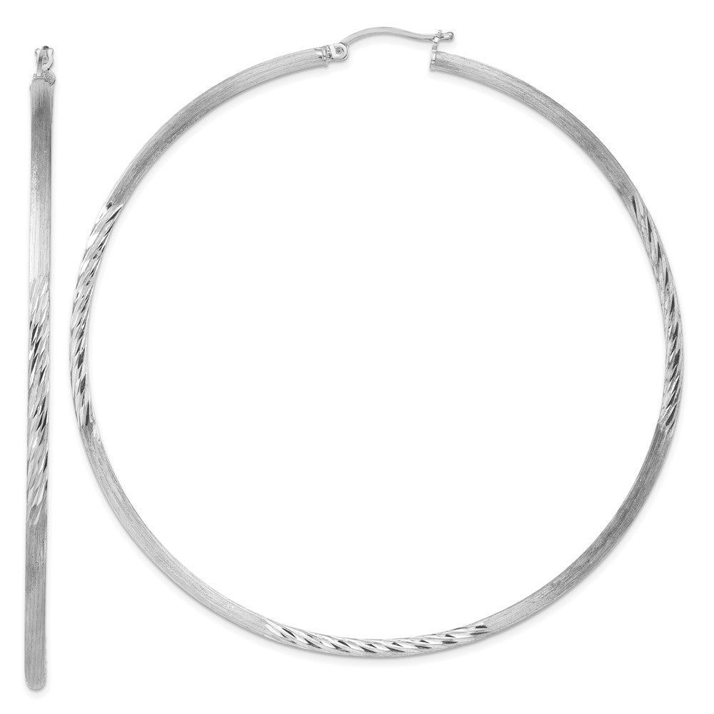 Sterling Silver Rhod-Plated 2.5mm Polished/Satin Diamond-Cut Hoop Earrings