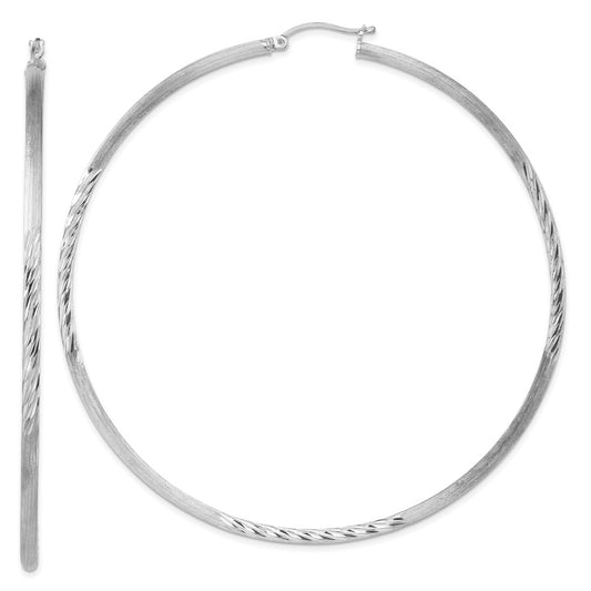 Sterling Silver Rhod-Plated 2.5mm Polished/Satin Diamond-Cut Hoop Earrings