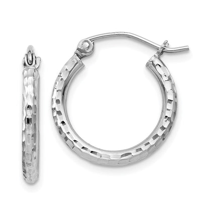 Sterling Silver Rhodium-Plated 2mm Diamond Cut Hoop Earrings