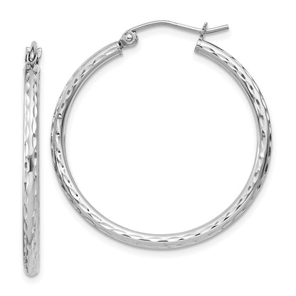 Sterling Silver Rhodium-Plated 2mm Diamond Cut Hoop Earrings