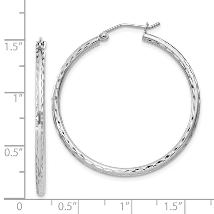 Sterling Silver Rhodium-Plated 2mm Diamond Cut Hoop Earrings