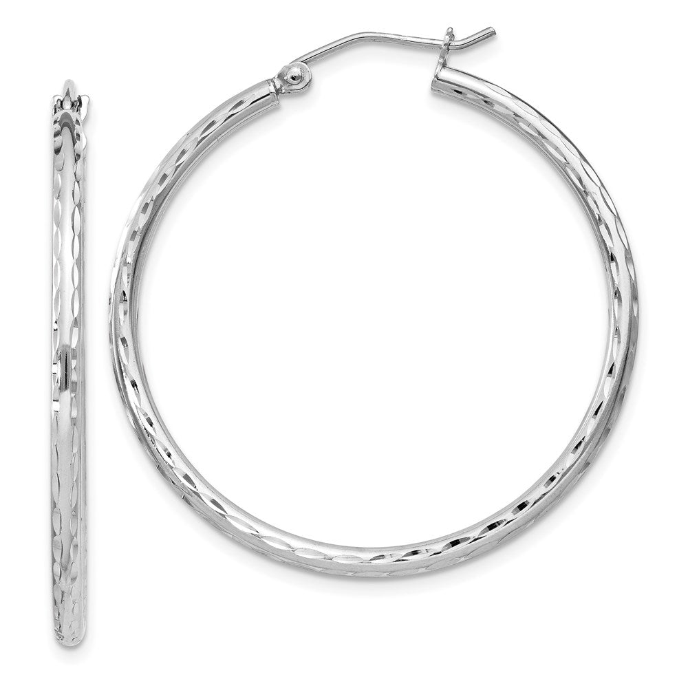 Sterling Silver Rhodium-Plated 2mm Diamond Cut Hoop Earrings