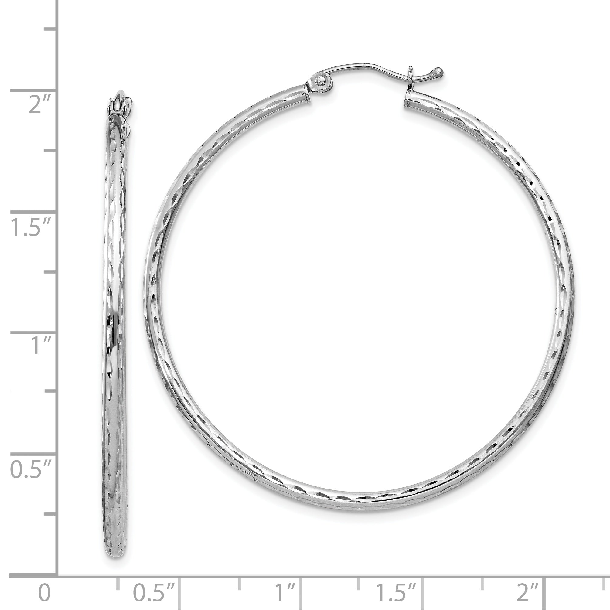 Sterling Silver Rhodium-Plated 2mm Diamond Cut Hoop Earrings