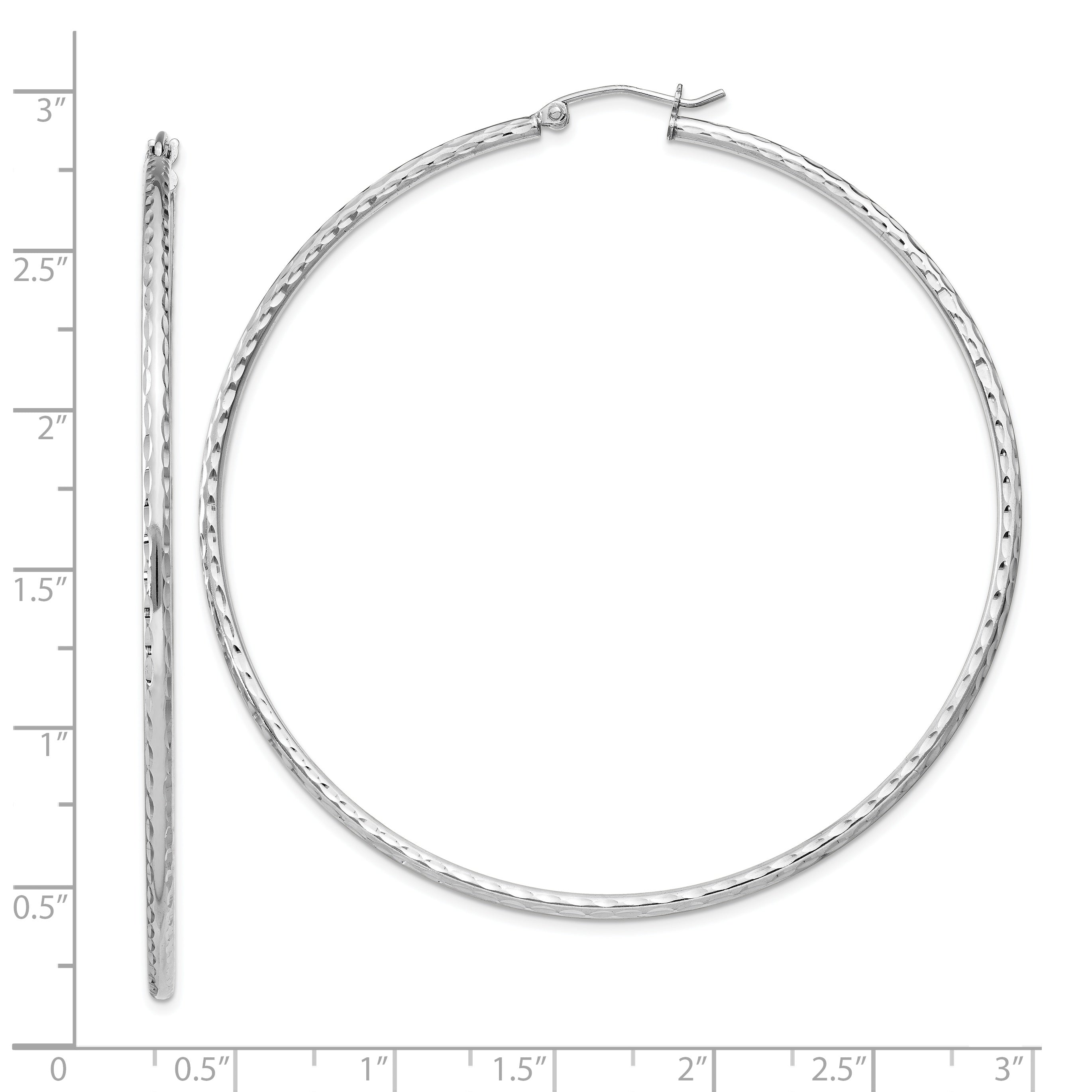 Sterling Silver Rhodium-Plated 2mm Diamond Cut Hoop Earrings