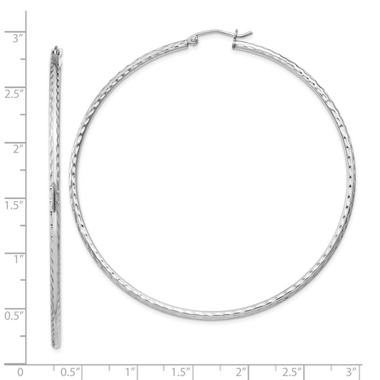 Sterling Silver Rhodium-Plated 2mm Diamond Cut Hoop Earrings