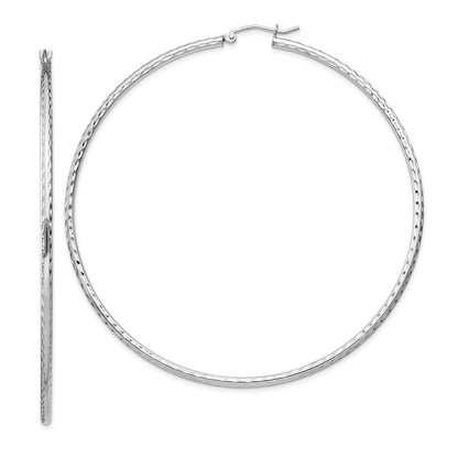 Sterling Silver Rhodium-Plated 2mm Diamond Cut Hoop Earrings