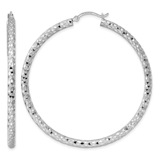 Sterling Silver Rhodium-Plated 3.00mm Diamond Cut Hoop Earrings