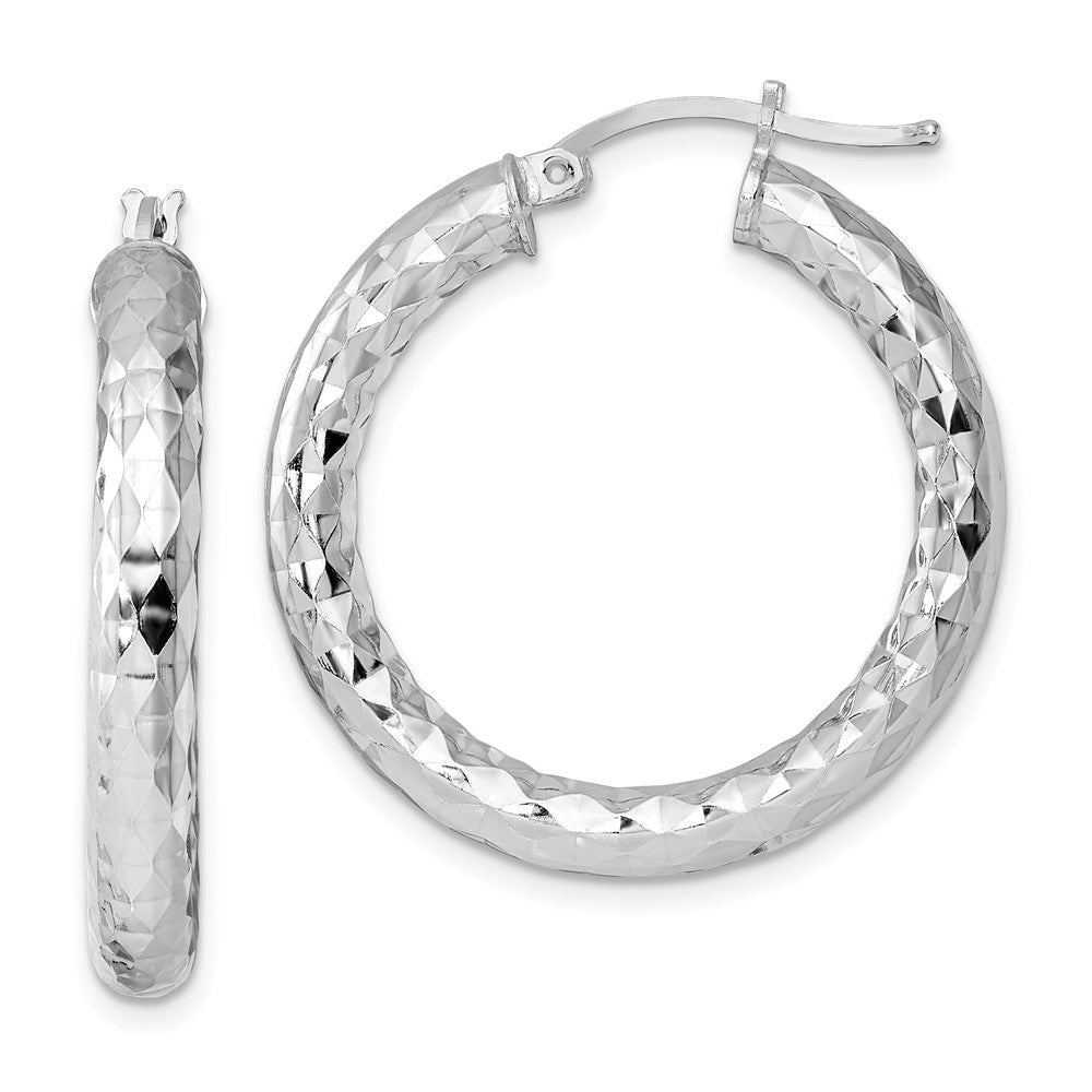 Sterling Silver Rhodium-Plated 4.00mm Diamond Cut Hoop Earrings