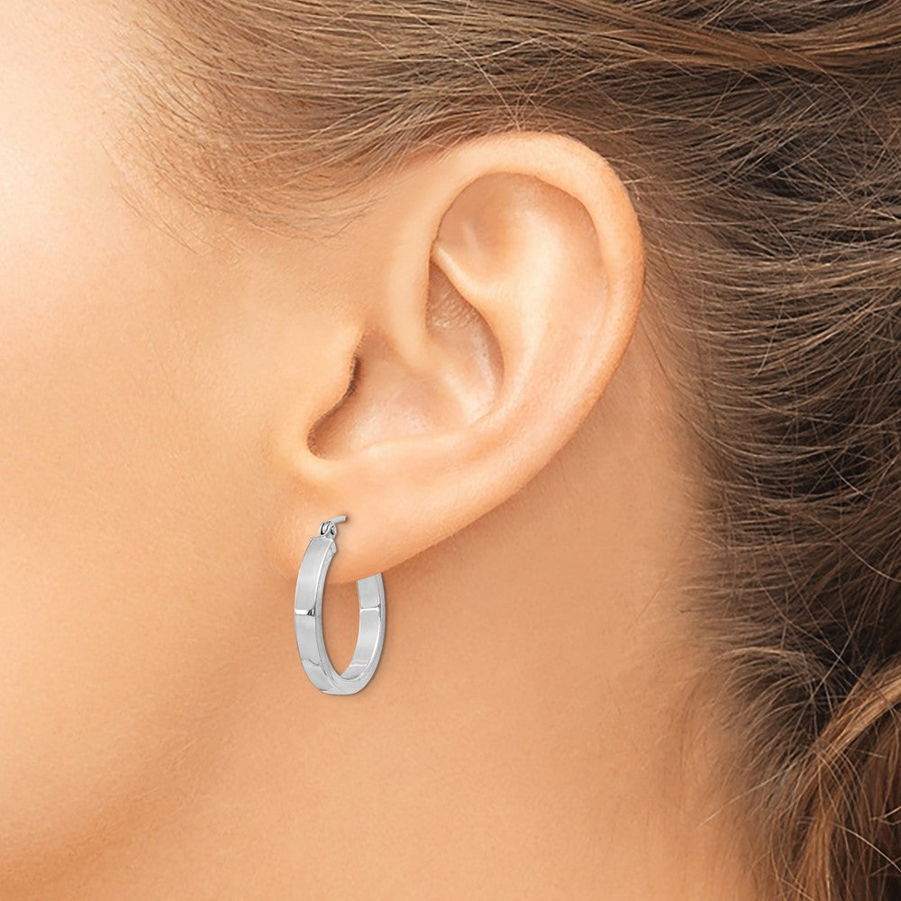 Sterling Silver Rh-Plated Concave 3X1X20mm Rectangular Tube Hoop Earrings