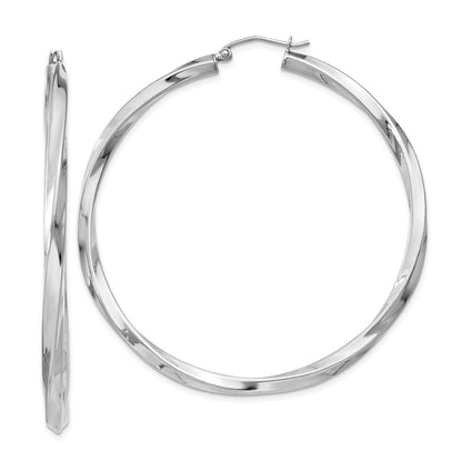Sterling Silver Rhodium-Plated 3X55mmtwisted Hoop Earrings