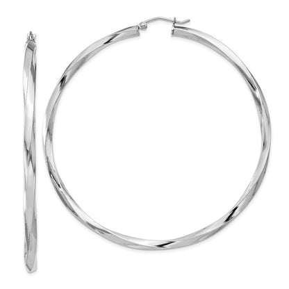 Sterling Silver Rhodium-Plated 3X65mmtwisted Hoop Earrings