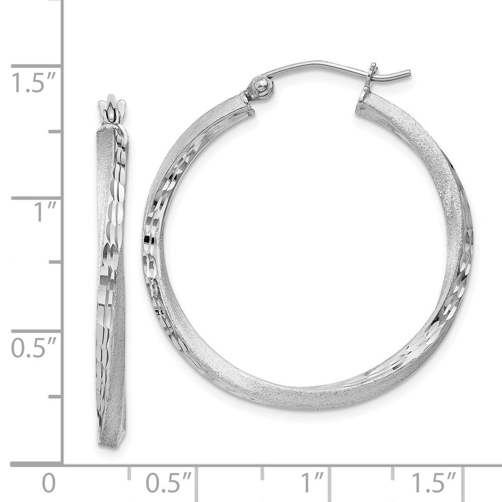 Sterling Silver Rh-Plated Satin Diamond-Cut 2.5X30mm Twisted Hoop Earrings