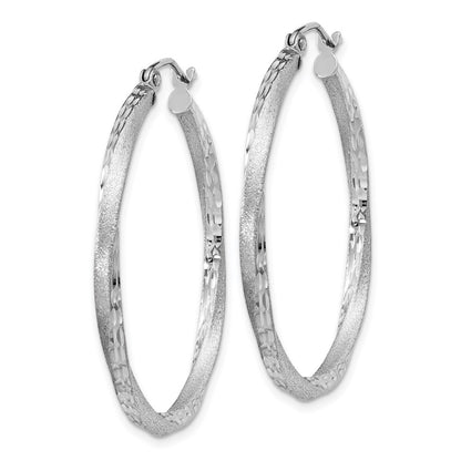 Sterling Silver Rh-Plated Satin Diamond-Cut 2.5X35mm Twisted Hoop Earrings