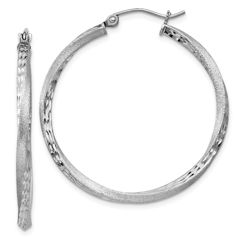 Sterling Silver Rh-Plated Satin Diamond-Cut 2.5X35mm Twisted Hoop Earrings