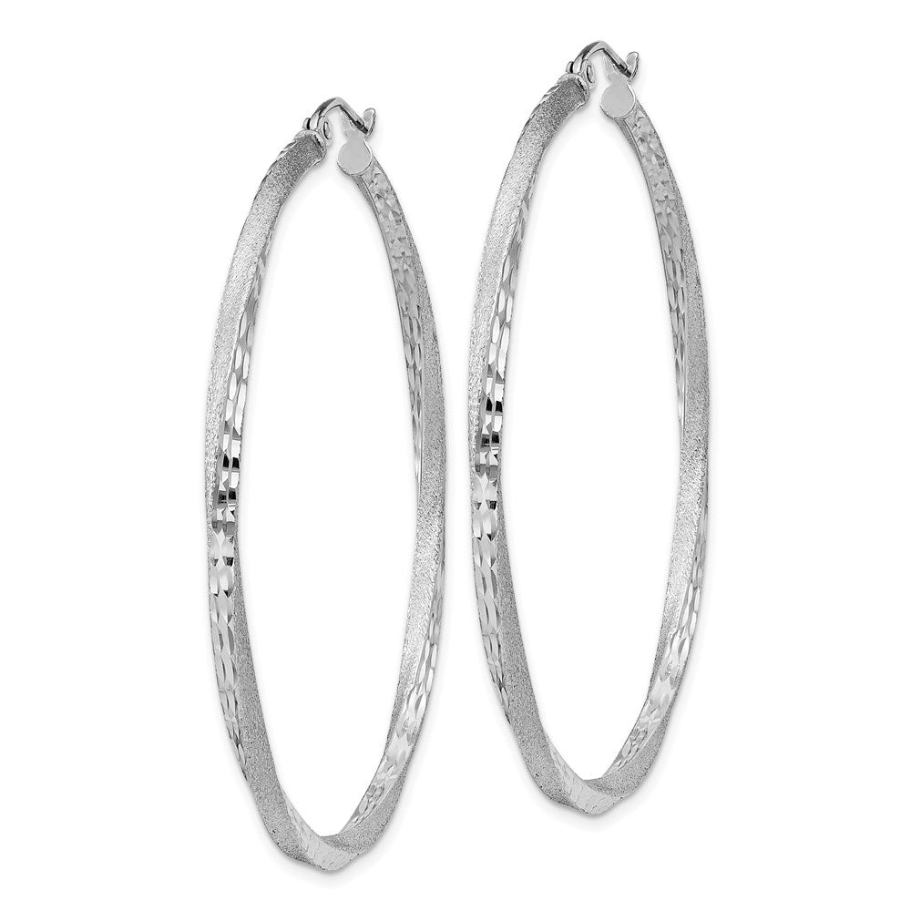 Sterling Silver Rh-Plated Satin Diamond-Cut 2.5X50mm Twisted Hoop Earrings