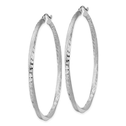 Sterling Silver Rh-Plated Satin Diamond-Cut 2.5X50mm Twisted Hoop Earrings