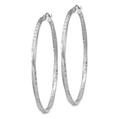 Sterling Silver Rh-Plated Satin Diamond-Cut 2.5X55mm Twisted Hoop Earrings