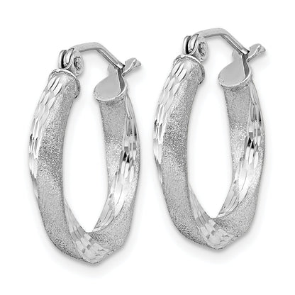 Sterling Silver Rhod-Plated Satin Diamond-Cut Twisted 3X18mm Hoop Earrings