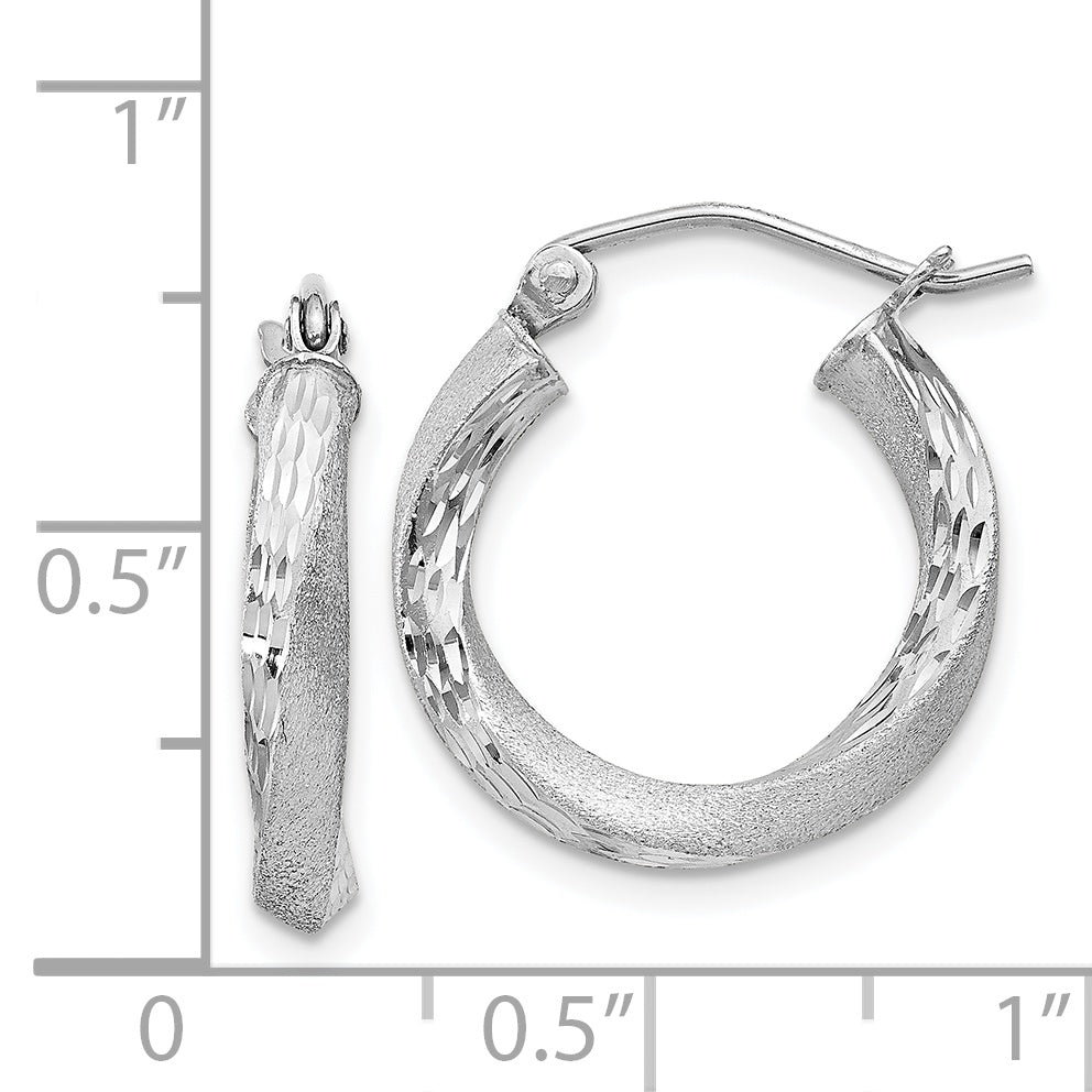 Sterling Silver Rhod-Plated Satin Diamond-Cut Twisted 3X18mm Hoop Earrings