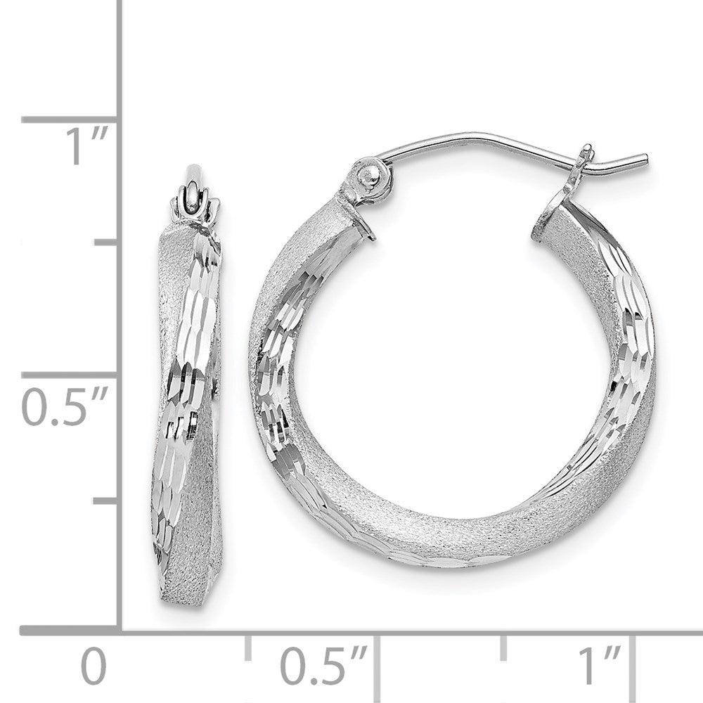 Sterling Silver Rhod-Plated Satin Diamond-Cut Twisted 3X20mm Hoop Earrings