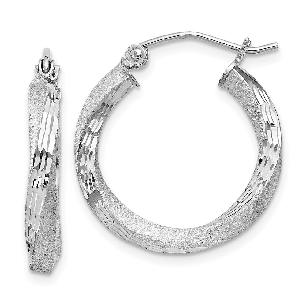 Sterling Silver Rhod-Plated Satin Diamond-Cut Twisted 3X20mm Hoop Earrings