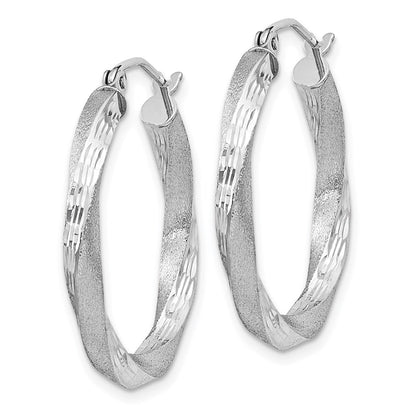 Sterling Silver Rhod-Plated Satin Diamond-Cut Twisted 3X25mm Hoop Earrings