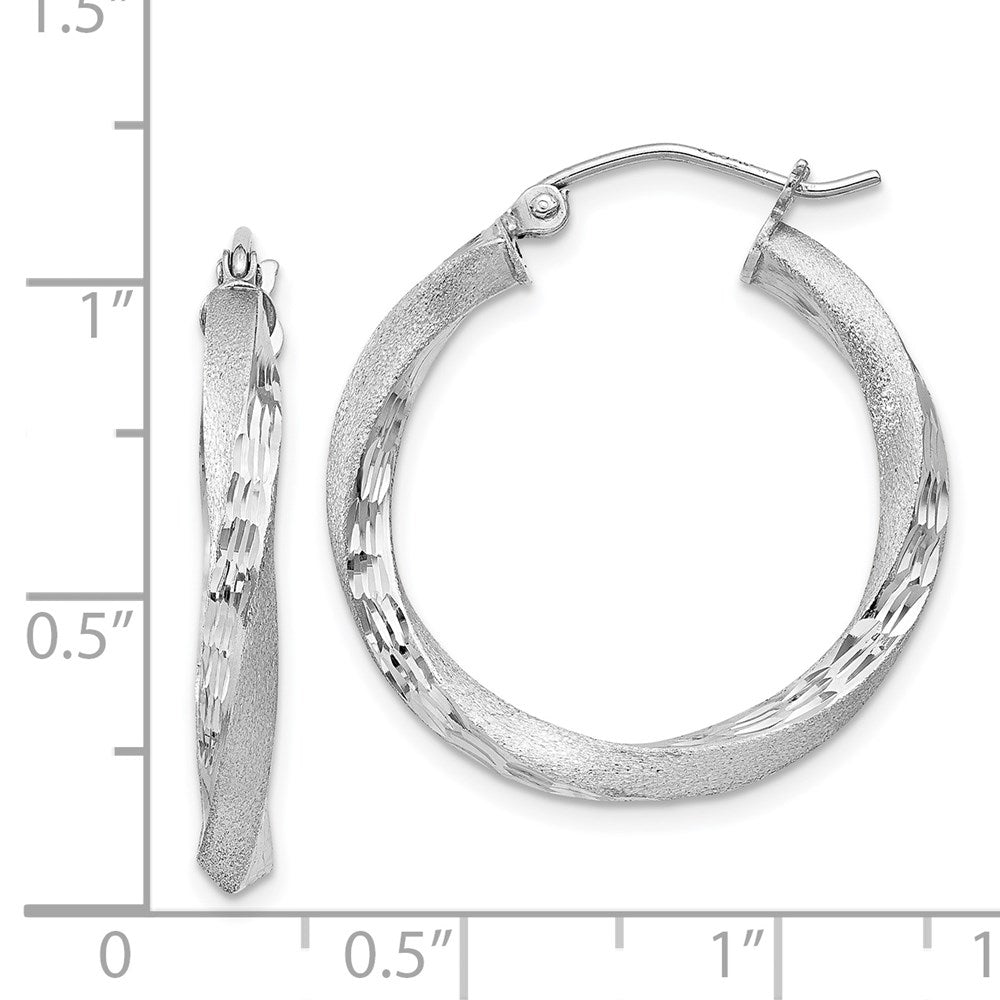 Sterling Silver Rhod-Plated Satin Diamond-Cut Twisted 3X25mm Hoop Earrings