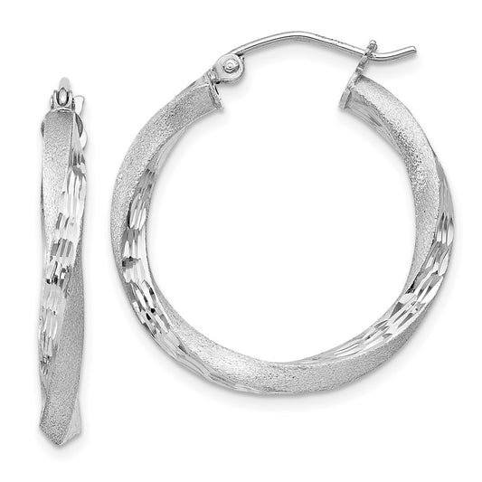 Sterling Silver Rhod-Plated Satin Diamond-Cut Twisted 3X25mm Hoop Earrings