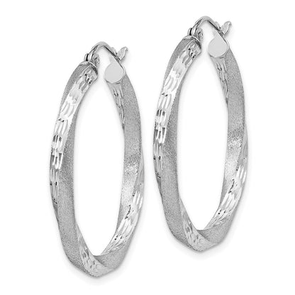 Sterling Silver Rhod-Plated Satin Diamond-Cut Twisted 3X30mm Hoop Earrings