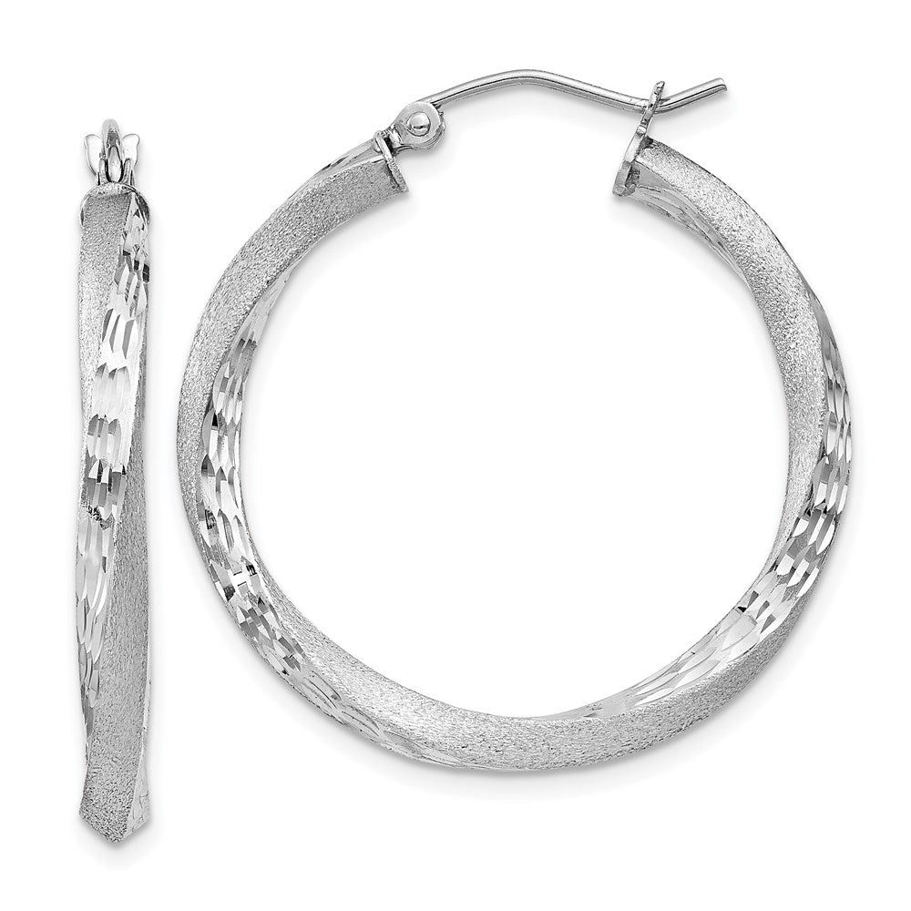 Sterling Silver Rhod-Plated Satin Diamond-Cut Twisted 3X30mm Hoop Earrings