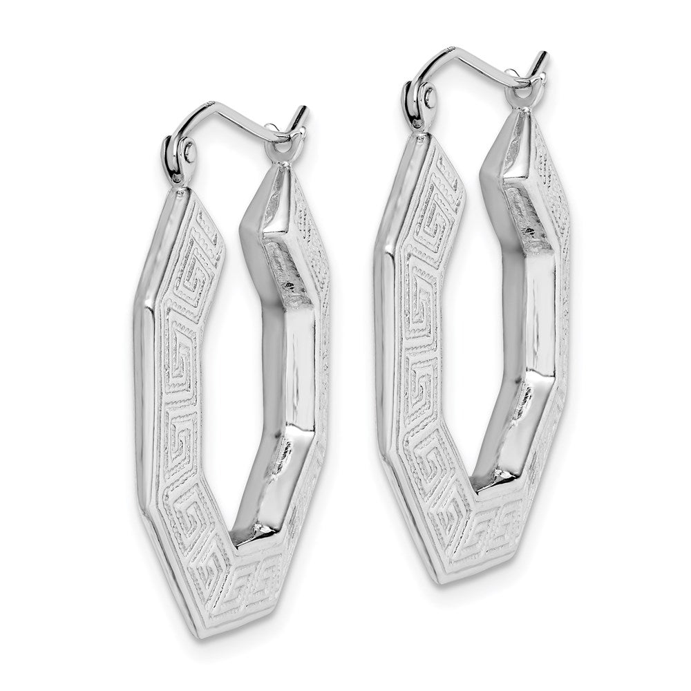 Sterling Silver Rhodium-Plated Textured Greek Key Hoop Earrings