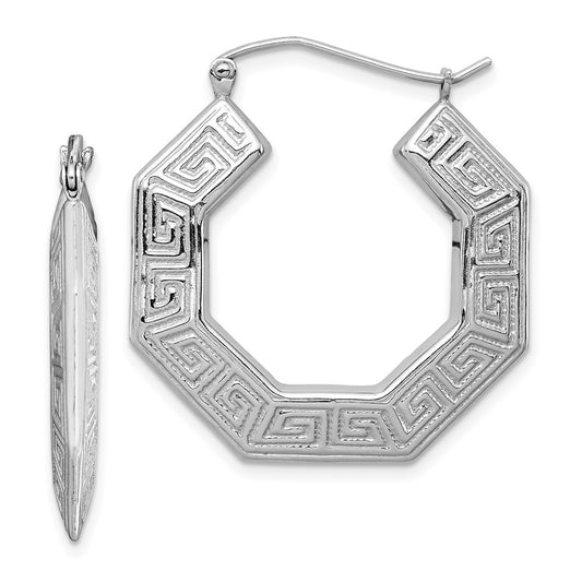 Sterling Silver Rhodium-Plated Textured Greek Key Hoop Earrings