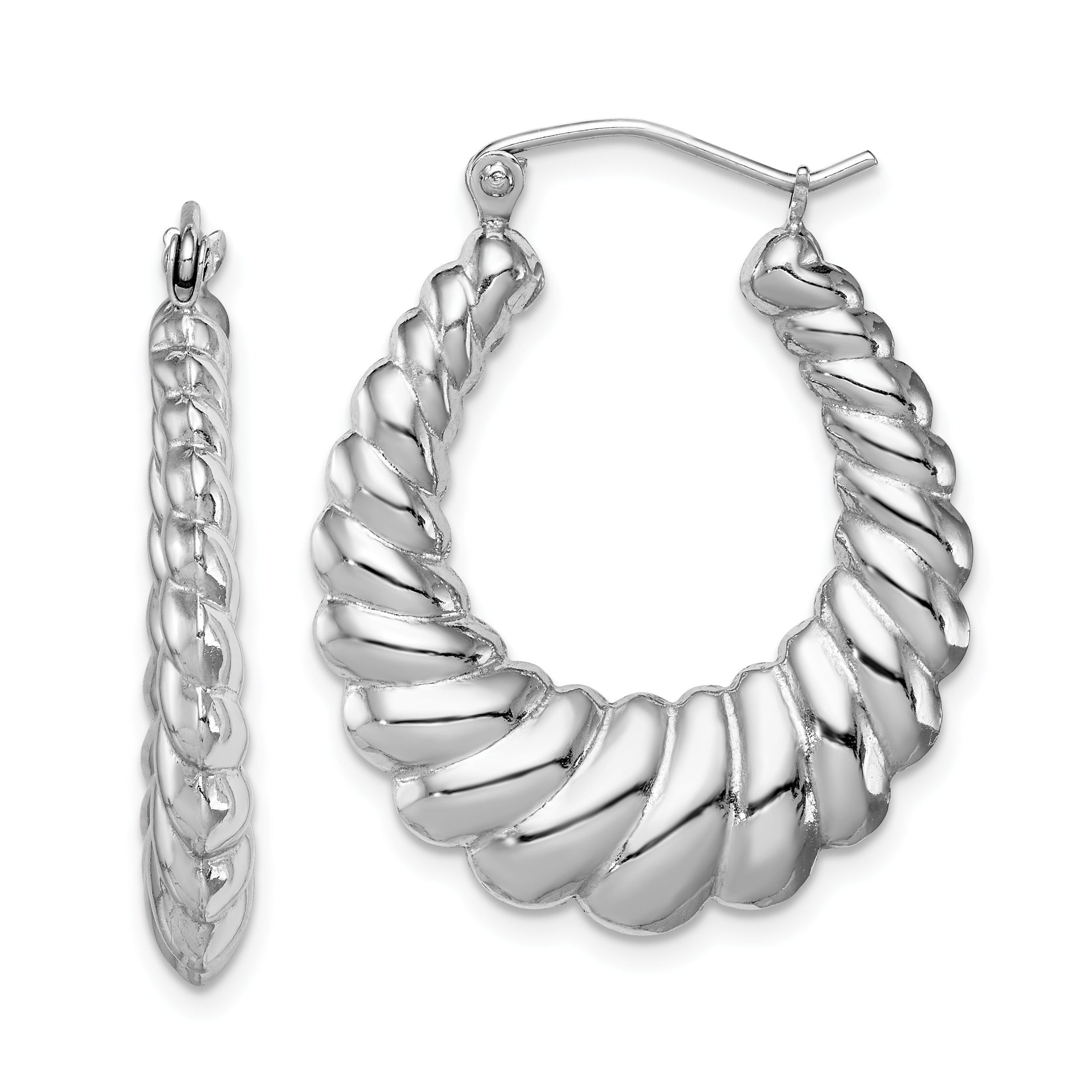 Sterling Silver Rhodium-Plated Polished Shrimp Oval Hoop Earrings