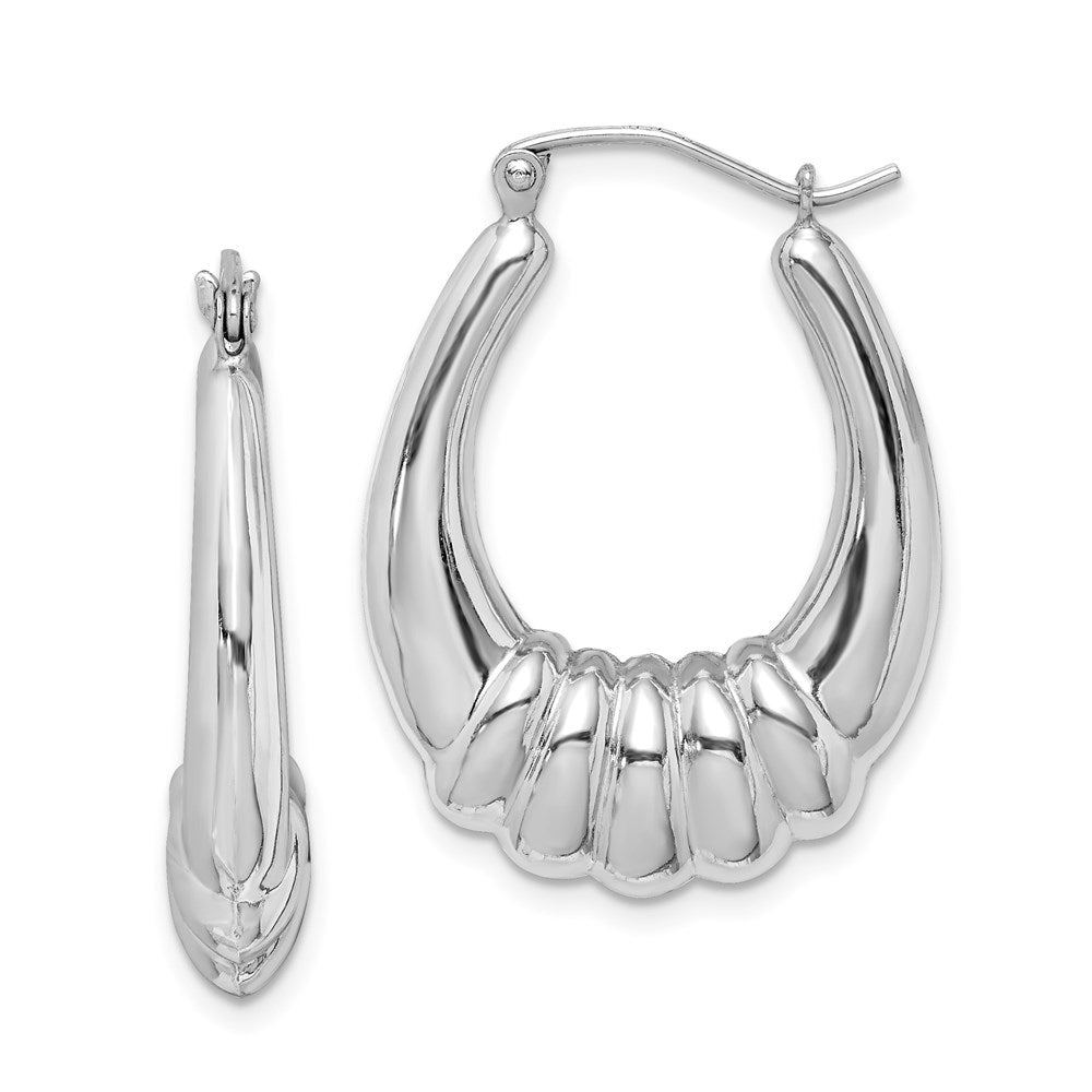 Sterling Silver Rhodium-Plated Polished Scalloped Oval Hoop Earrings