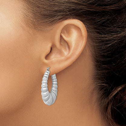 Sterling Silver Rhodium-Plated Satin & D/C Shrimp Oval Hoop Earrings