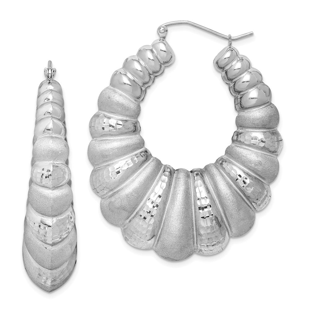 Sterling Silver Rhodium-Plated Satin & D/C Shrimp Oval Hoop Earrings