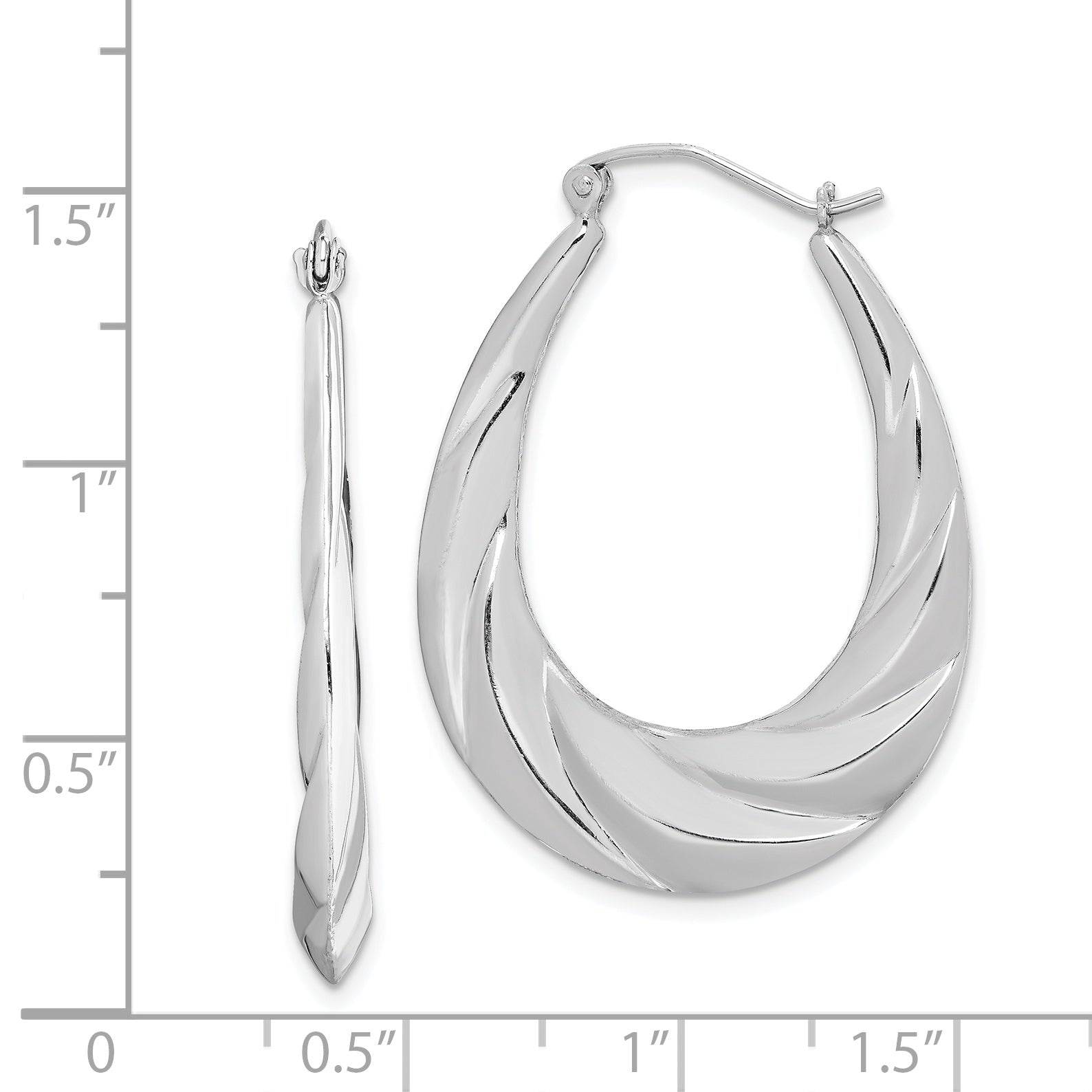Sterling Silver Rhodium-Plated Twisted Scalloped Oval Hoop Earrings