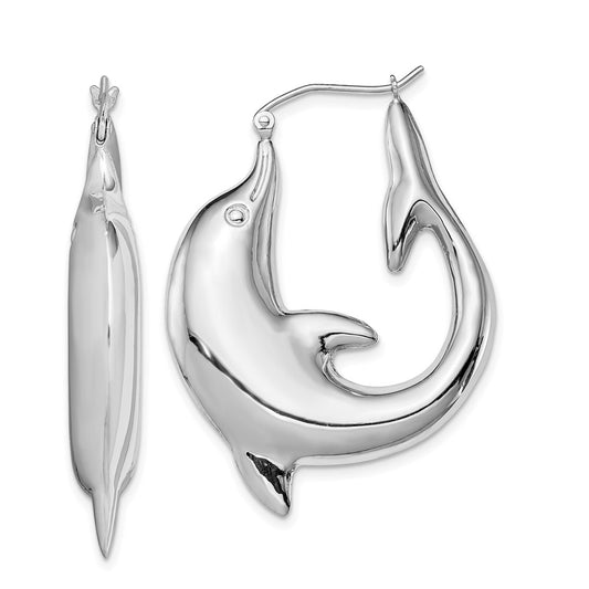 Sterling Silver Rhodium-Plated Polished Dolphin Round Hoop Earrings