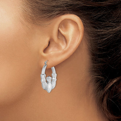 Sterling Silver Rhod-Plated Polished/Satin Claddagh Hoop Earrings