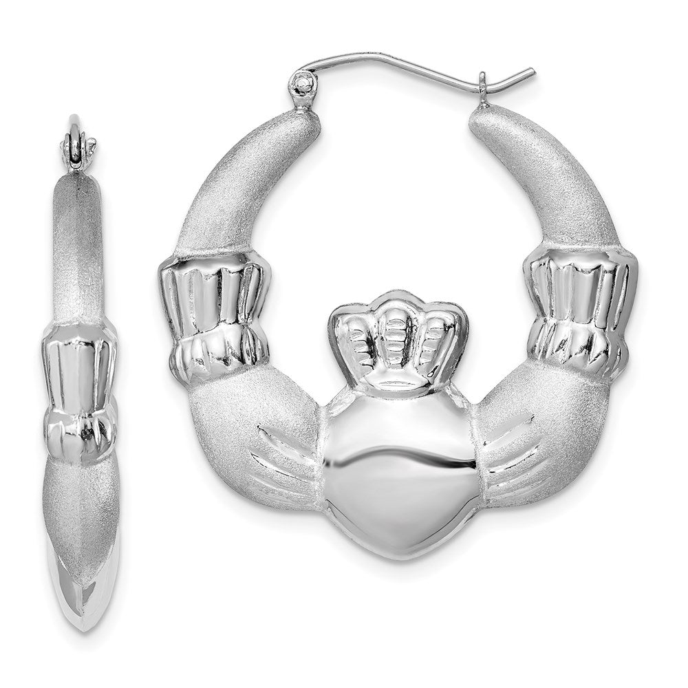 Sterling Silver Rhod-Plated Polished/Satin Claddagh Hoop Earrings