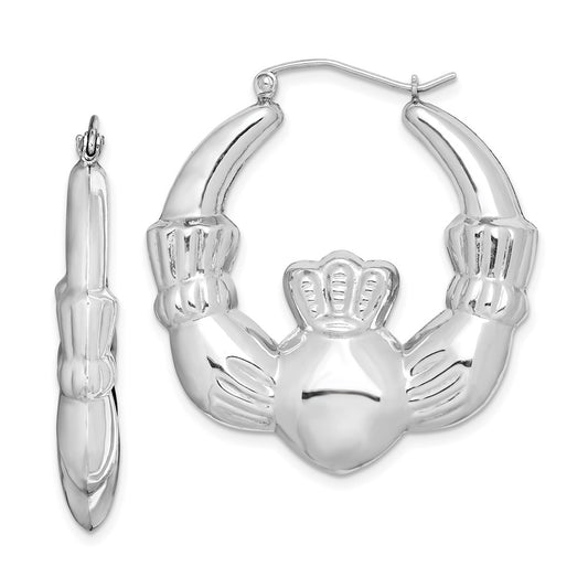 Sterling Silver Rhod-Plated Polished Claddagh Round Hoop Earrings