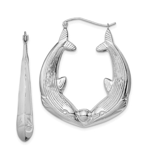 Sterling Silver Rhodium-Plated Textured Dolphin Round Hoop Earrings