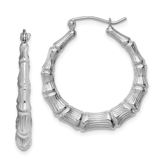 Sterling Silver Rhodium-Plated Bamboo Round Hoop Earrings