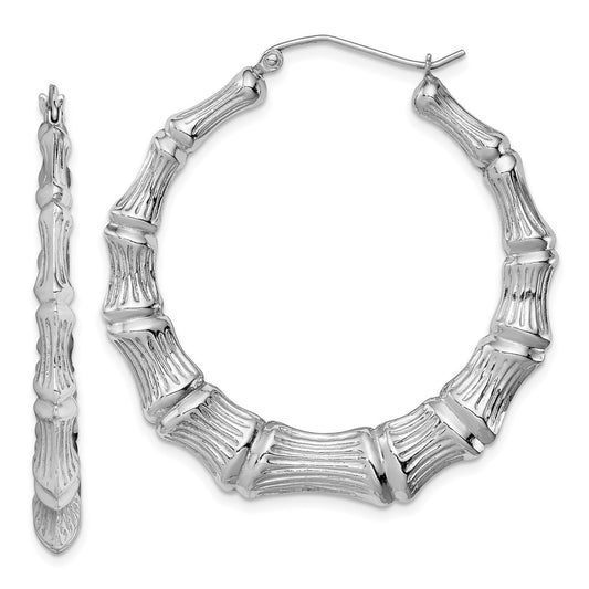 Sterling Silver Rhodium-Plated Bamboo Round Hoop Earrings