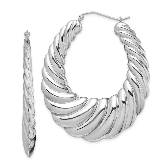Sterling Silver Rhodium-Plated Polished Shrimp Oval Hoop Earrings