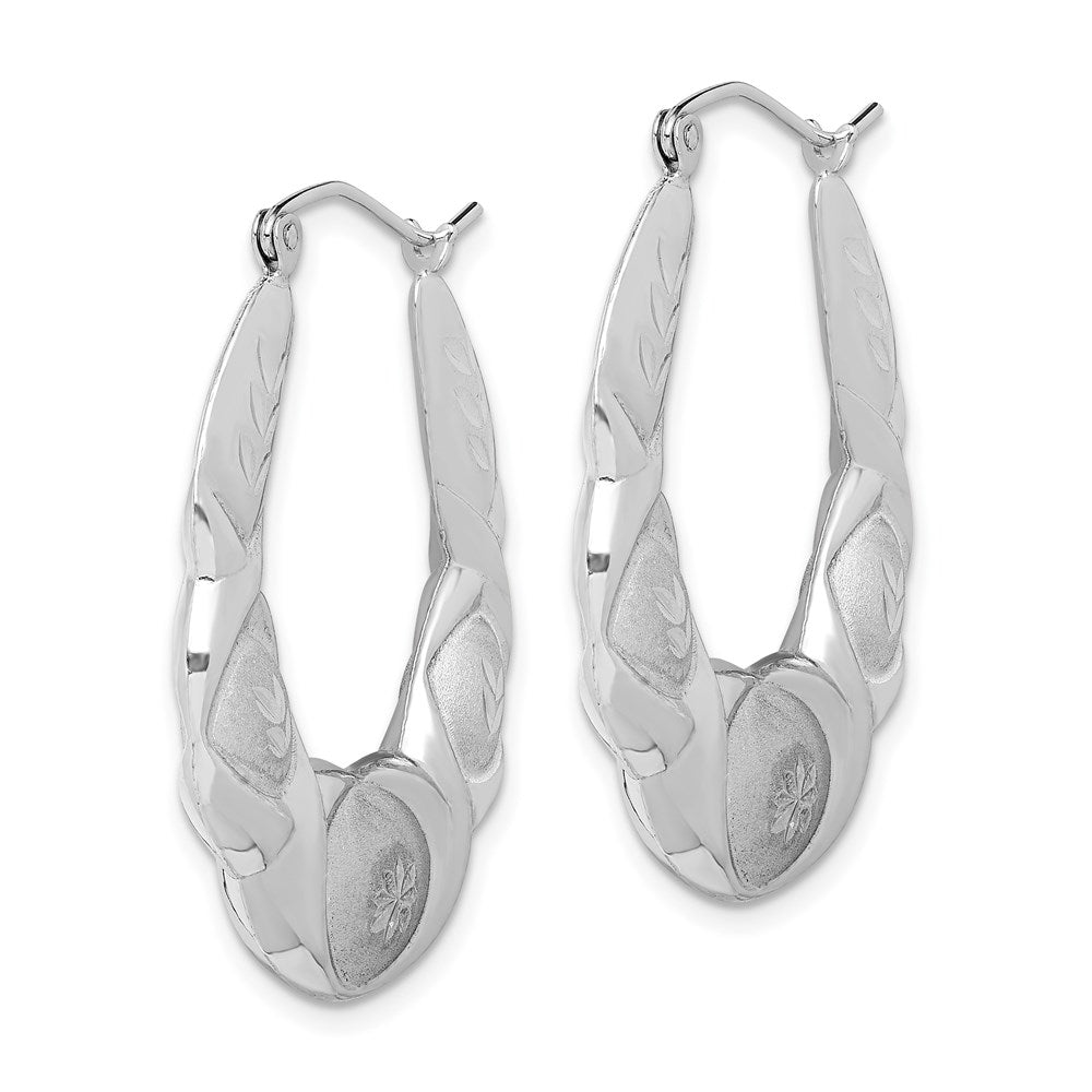 Sterling Silver Rhod-Plated Satin & D/C Scalloped Oval Hoop Earrings