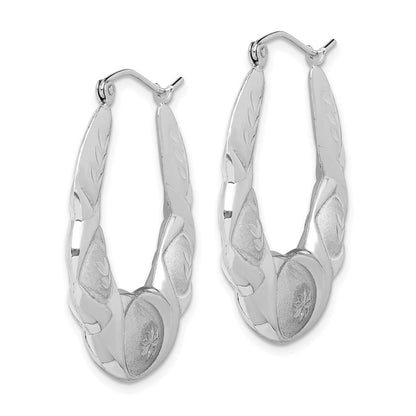 Sterling Silver Rhod-Plated Satin & D/C Scalloped Oval Hoop Earrings