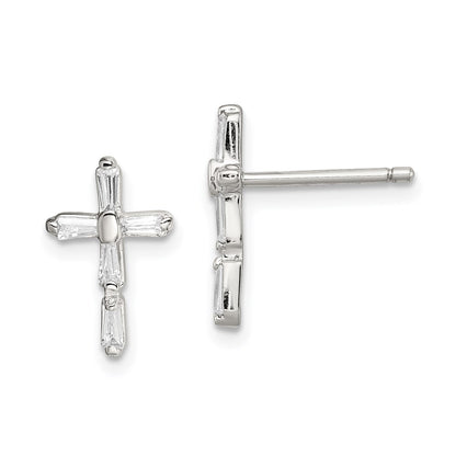 Sterling Silver Rhodium-Plated Polished Cz Cross Post Earrings