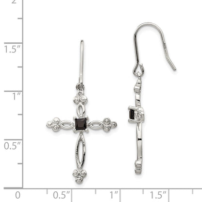 Sterling Silver Rhodium-Plated Polished Diamond Accent & Black Cz Budded Cross Dangle Earrings